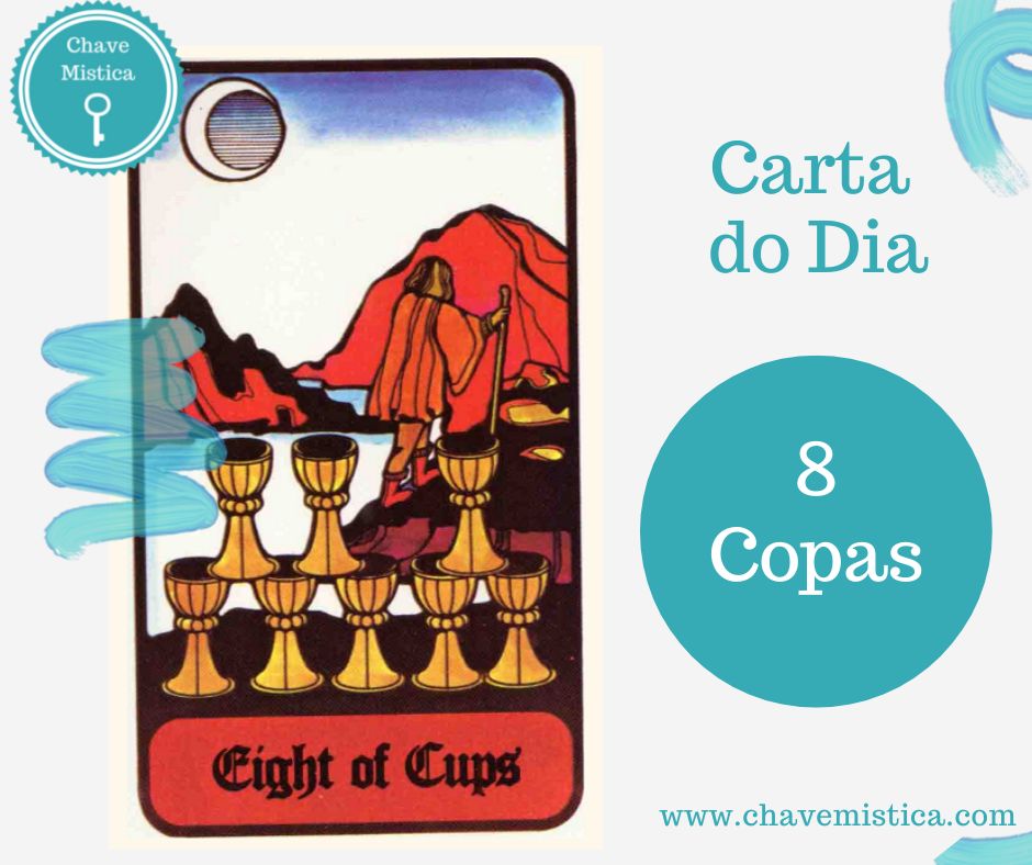 Carta Tarot para 26-10-2023 8 de Copas Esta carta, acima de tudo, mostra transição. Algo que na sua vida, de alguma forma poderá puxá-lo para trás e terá de ser largado para, assim, conseguir atingir novas coisas e novas situações na sua vida. É uma fase de extrema importância no ser humano, principalmente porque, assim, além de marcar o seu crescimento, poderá limpar todas as más energias que possam estar acumuladas na sua vida ultimamente. Tarólogo Miguel www.chavemistica.com